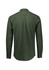A long-sleeve button-up shirt in olive green, featuring a back yoke and button cuffs, with a logo.