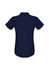 A navy blue women's button-up shirt featuring short sleeves and a back pleat. Includes a logo detail.