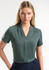 A short-sleeve button-up shirt in a soft green colour, featuring a v-neck design and a subtle front pleat.