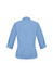A women's 3/4 sleeve button-up shirt in blue with a checkered pattern and a back view showcasing the design.