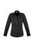A black women's long sleeve button-up shirt featuring a classic collar and a fitted design. It has a logo on the label.