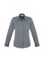 A grey long sleeve button-up shirt for women with a slender fit and a collar. It features a logo.