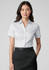 A button-up shirt in white, featuring a short sleeve design, worn with a black skirt. The shirt has a logo.