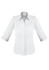 A light grey button-up shirt with 3/4 sleeves and a classic collar. It features a logo on the side.