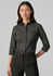 A women's black and white check patterned 3/4 sleeve button-up shirt with a chest pocket. Features a logo.