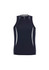 A navy singlet with white detailing, featuring a fitted design and sleeveless style. It has a logo on the front.