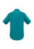 A plain teal men's short sleeve button-up shirt with a back yoke and a collar. It features a logo.