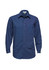 A men's micro check long sleeve button-up shirt in navy blue with a pocket and a branding logo.
