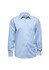 A light blue long sleeve button-up shirt with a pocket and a logo on the collar.