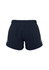 A pair of women's sports shorts in navy blue with an elastic waistband and reflective logo details.