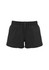 A pair of black women's sports shorts featuring an elastic waistband with a drawstring.