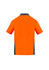 An orange short sleeve polo shirt with a logo, featuring black detailing on the shoulders and sides.