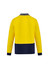 A long sleeve polo shirt in bright yellow with a navy blue lower section and a logo on the chest area.