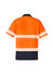 A short sleeve polo shirt in orange and navy, featuring segmented reflective tape and a branded logo.