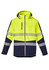A unisex 2-in-1 stretch softshell jacket featuring a bright yellow and navy design, with reflective stripes and a hood.