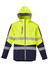A bright yellow and navy unisex softshell jacket with reflective stripes and a hood. It features a zipper and a chest pocket.