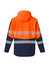 A unisex softshell jacket in orange and navy, featuring reflective stripes and a hood. It has a logo on the front.