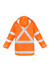 An orange waterproof jacket featuring reflective strips and a hood, with a logo on the fabric.