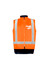 An orange hi-vis vest with reflective stripes and a zip front, featuring a pocket and a logo.