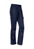 Navy women's rugged cargo pants featuring multiple pockets and a button closure. They have a logo on the fabric.