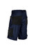 A pair of navy blue men's multi-pocket shorts featuring black panel detailing and several pockets.