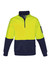 A unisex hi vis pullover in bright yellow with a navy blue lower section and a logo on the sleeve.