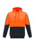 A unisex hi-vis pullover hoodie in bright orange and navy blue with a logo on the front.