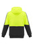 A unisex hi-vis pullover hoodie featuring a bright yellow upper and black lower section, with a hood and logo.
