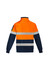 A hi-vis 1/4 zip pullover in orange with navy details and hoop tape reflective stripes at the back.