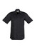 A black short sleeve men's work shirt featuring two chest pockets and a logo. Perfect for workwear.