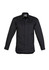 A black long sleeve shirt featuring a button-up front and two chest pockets, with a logo on the label.