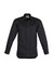 A black long sleeve shirt for men featuring a button-up design and front pockets, along with a logo.
