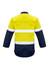 A hi-vis shirt featuring a yellow upper section and navy blue lower portion with reflective hoop tape.