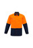A high visibility spliced shirt featuring orange and navy colours, with two front pockets and a branding logo.