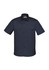 A navy short sleeve shirt with a collar, featuring two chest pockets and a logo on the side sleeve.