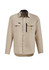 A beige men's outdoor long sleeve button-up shirt with two front pockets and a zip pocket, featuring a logo.