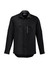 A black long sleeve button-up shirt with two front pockets and a zip pocket, featuring a logo on the upper left.