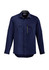 A navy blue long sleeve button-up shirt featuring two chest pockets and a branding logo.