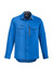 A blue long sleeve button-up shirt featuring two front pockets and a zip pocket, with a logo on the chest.