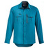 A men's long sleeve outdoor shirt in teal, featuring a button-up front and two chest pockets. It has a logo on it.