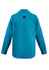 A long sleeve button-up shirt in a vibrant teal colour, featuring a logo at the back.