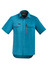 A short sleeve button-up shirt in a vibrant turquoise colour, featuring a chest pocket and logo.