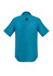 A back view of a teal men's short sleeve button-up shirt featuring a logo.