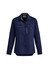 A navy long sleeve button-up shirt for women featuring pockets and a logo.