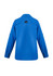 A long sleeve button-up shirt in bright blue, featuring a logo on the back.