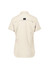 A light beige women's outdoor short sleeve shirt with a back yoke and logo.