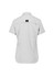 A women's outdoor short sleeve shirt in light grey, featuring a logo on the back and a classic collar design.
