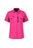 A pink short sleeve shirt with a button-up front and two chest pockets, featuring a zippered pocket and a logo.
