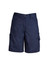 Navy blue women's utility shorts with multiple pockets and a logo on the waistband. Suitable for workwear.