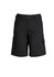 A pair of black utility shorts with side pockets and a straight fit, featuring a logo on the waistband.